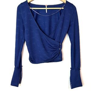 Free People XS Penny Stretch Wrap Top Ink blue long sleeved plunge neck 600B4
